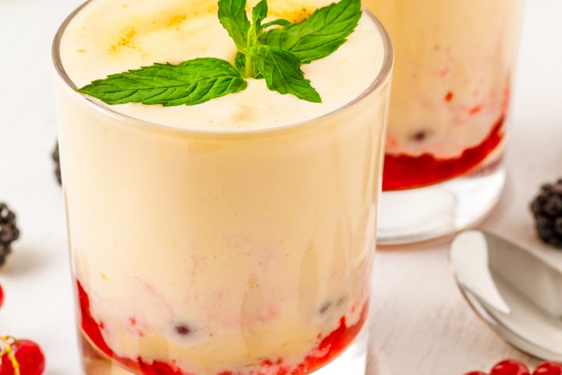 Zabaglione with strawberry jam and mint