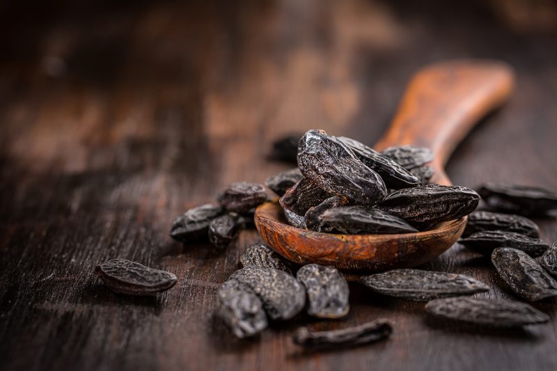 Fragrant tonka beans for baking and cooking on dark background