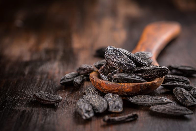 Fragrant tonka beans for baking and cooking on dark background Fragrant tonka beans for baking and cooking on dark background