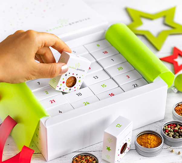 Gewürz Adventskalender weiß und Tee Adventskalender im Set