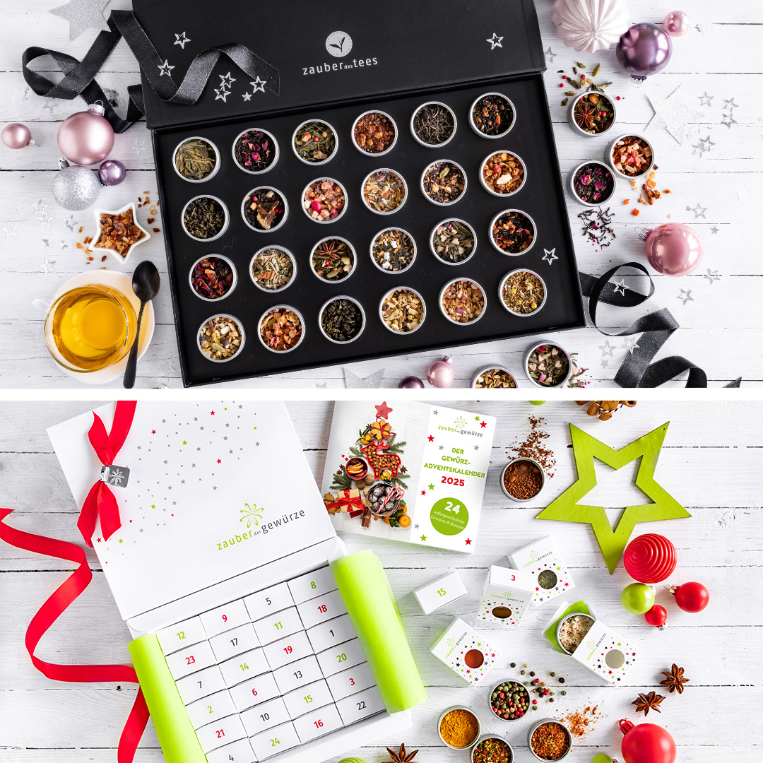 Gewürz Adventskalender weiß und Tee Adventskalender im Set