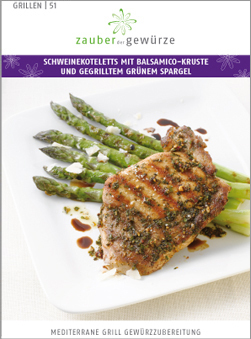 Schweinekoteletts mit Balsamico-Kruste und gegrilltem grünem Spargel